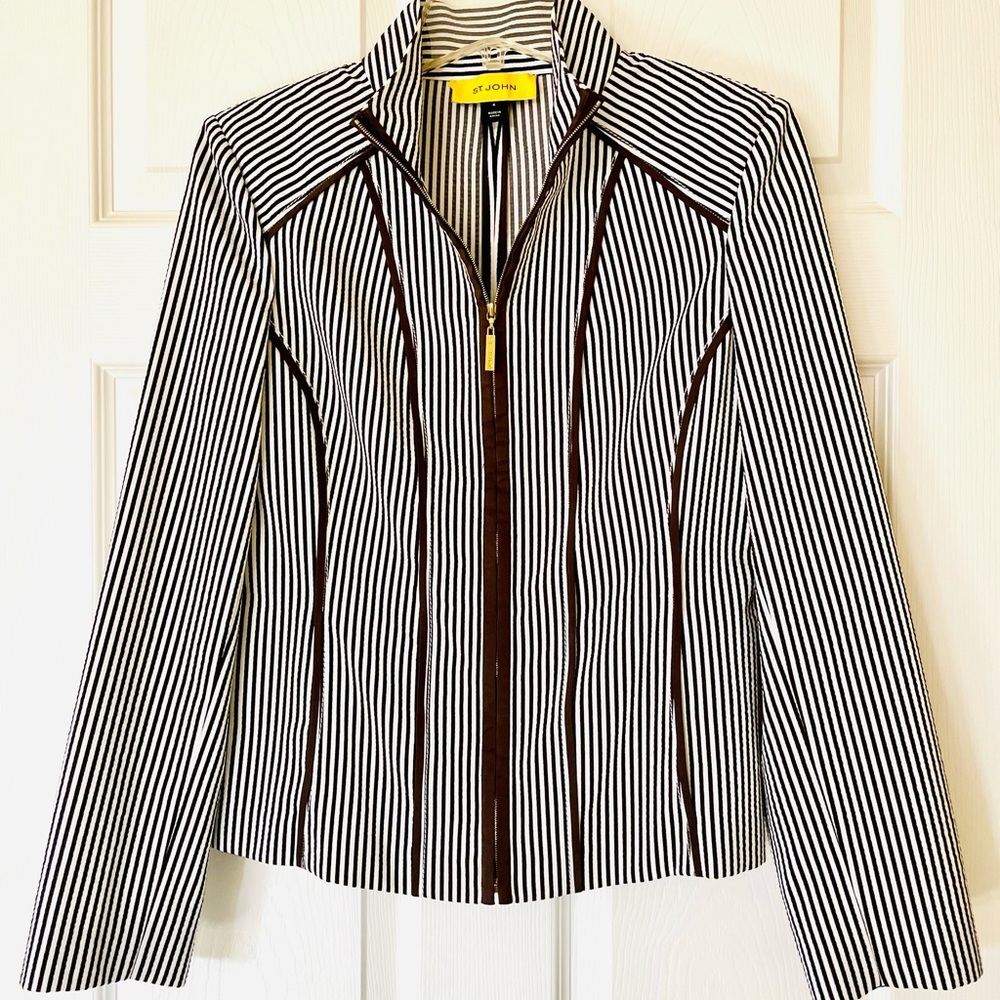 St. John | Brown & White Striped Full-Zip Jacket
